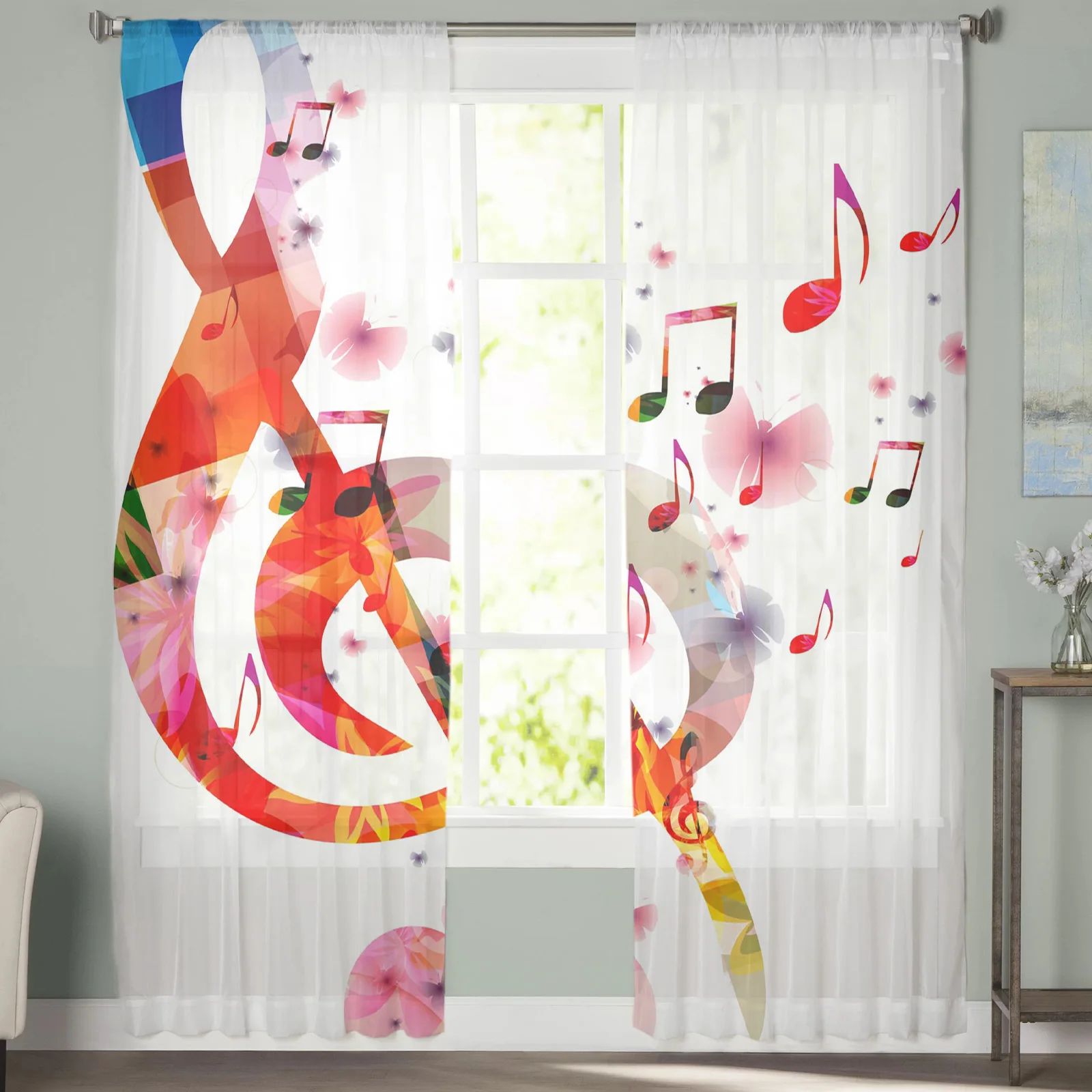 Красная занавеска с символами заметок бабочками цветами художественная оконная