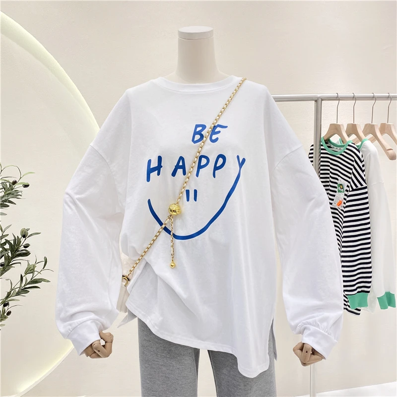 

Spring New Korean Style Versatile Smiley Face Letter Printed Thin Cotton White Long Sleeve T-shirt Women's Bottoming Shirt Top