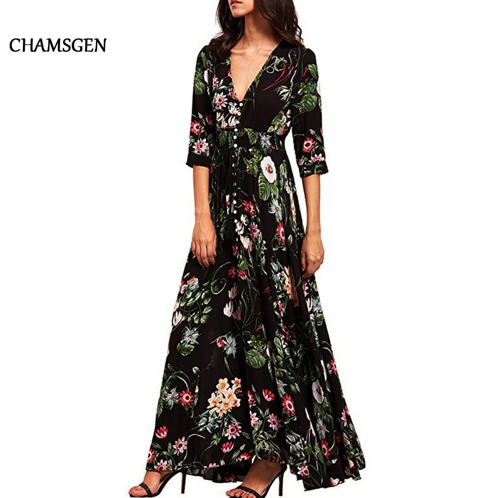 Женское платье с цветочным принтом и пуговицами CHAMSGEND летние платья рукавом до