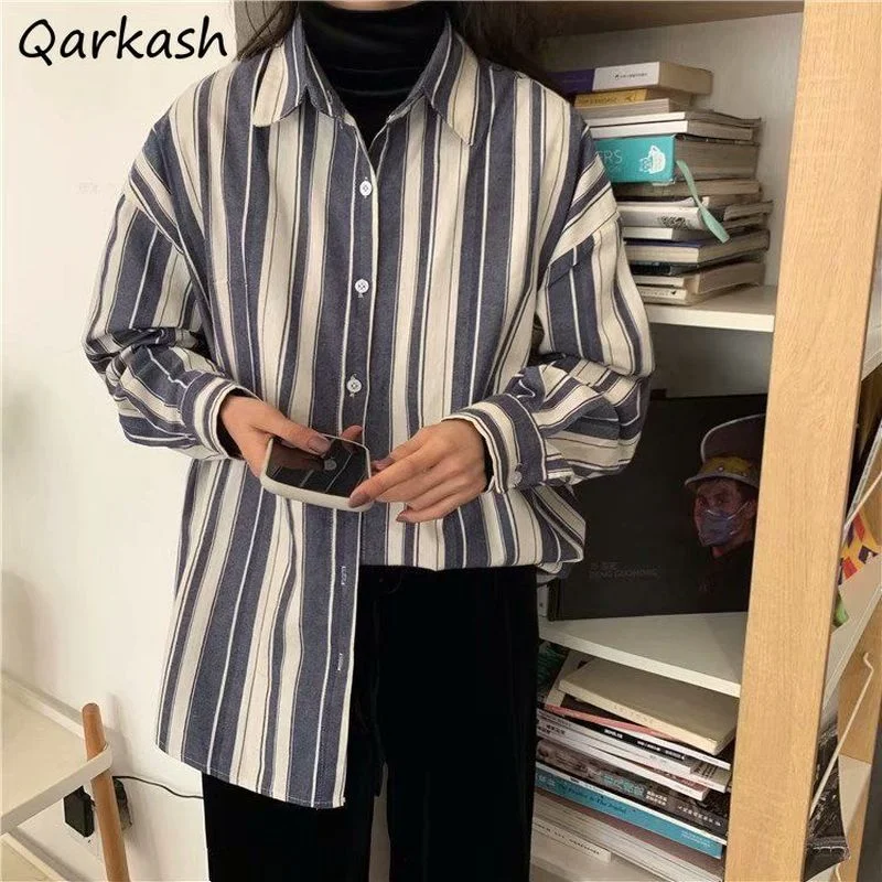 

Shirts Women Striped Simple Elegant Office Lady Design Clothing Tops Autumn Turn Down Collar Korean Style Popular Fashion Ins