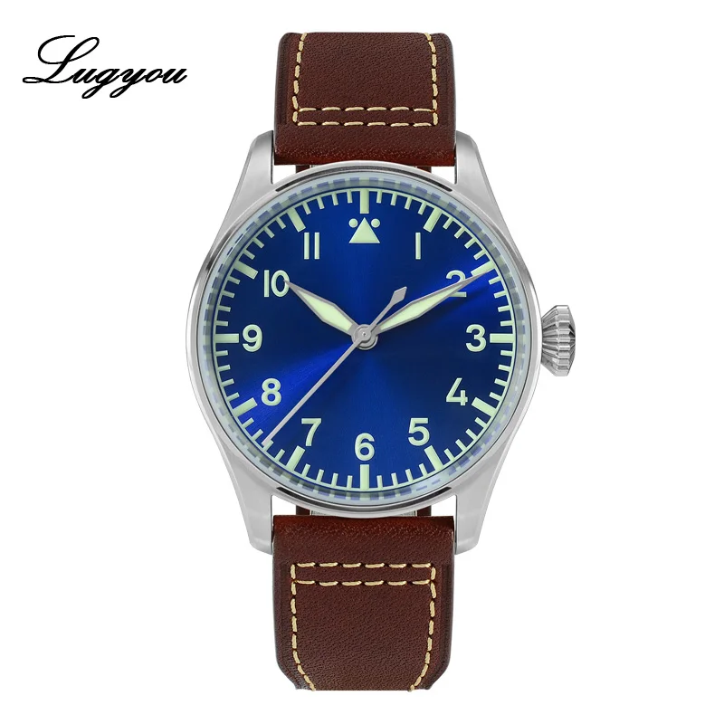 Blue SW200 Lugyou Сан Мартин пилот Flieger механические мужские часы из нержавеющей стали супер светящийся сапфировый Кристалл Скелет Задняя Кожа Ремешок - Цвет: Blue SW200