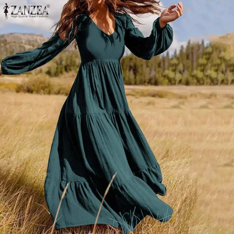 ZANZEA 2022 Stylish Ruffle Maxi Dress Casual Puff Sleeve Tunic Vestidos Female Solid Robe Women's Autumn Sundress