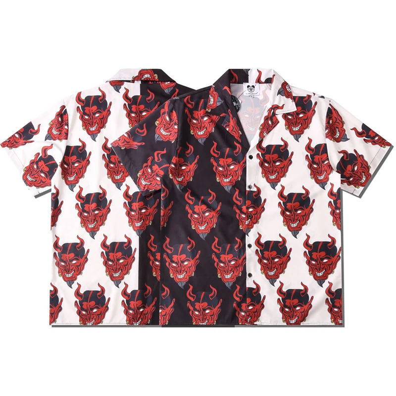 Devil Head Print Hip Hop Shirts Mens Patchwork Hawaiian Shirt Harajuku Summer Beach Shirt Hawaii Tops Short Sleeve Streetwear