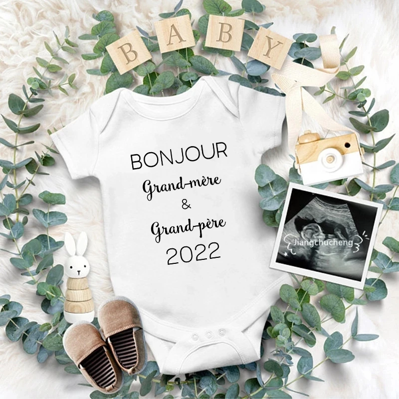 

Pregnancy Announcement Baby Bodysuit Hello Grandma and Grandpa Newborn Coming 2022 Infant Baby Jumpsuit Boy Girl Outfits Clothes