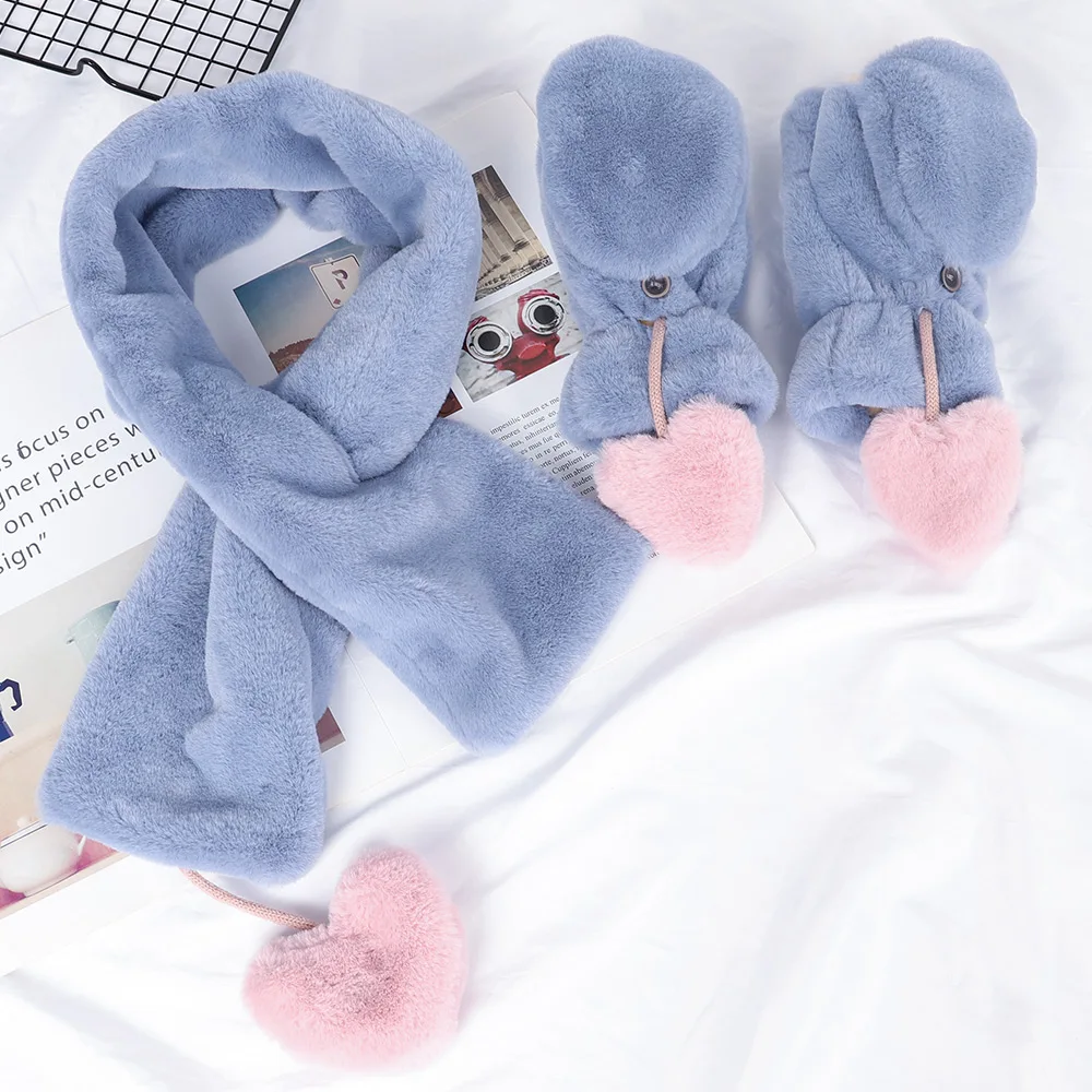 

Winter Women's Warm Suit Scarf Gloves 2-Piece Set Velvet Thick Cotton Love Three-Dimensional Heart-Shaped Full Finger Gloves