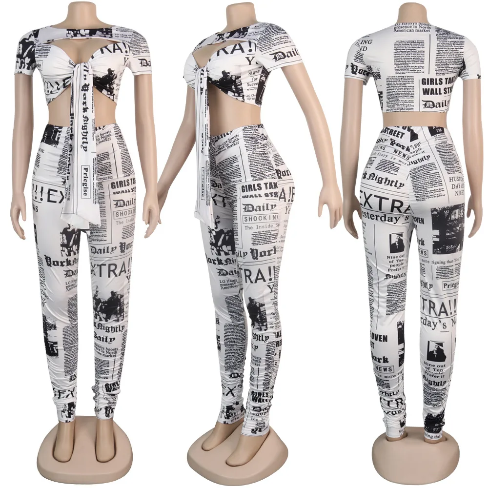 

2020 European sexy newspaper print two piece fashion slim o-neck short sleeve bra top and pants women's suit