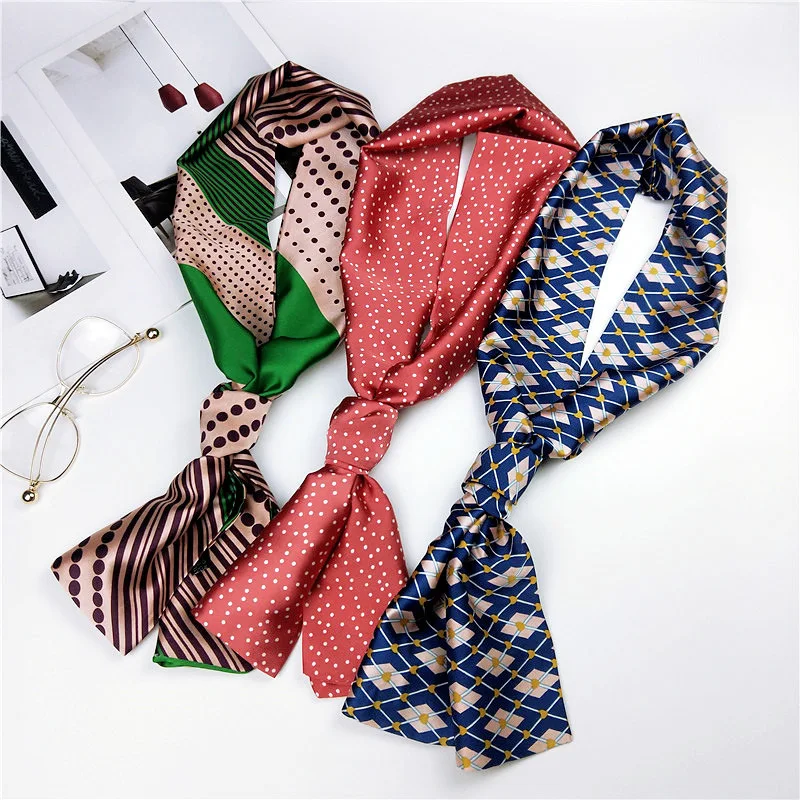 

Spring NEW Narrow Long Silk Scarf For Girls Double Printing Fashionable Women Satin Tie Scarves Women's Neckerchief 15cm*145cm