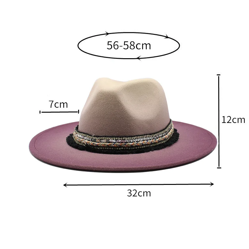

Fall Fedora Top Hats Women Men Jazz Fedora With Tassel Band Decor Two Color Gradient Flat Brim Panama Cap Wool Felt Trilby Hat