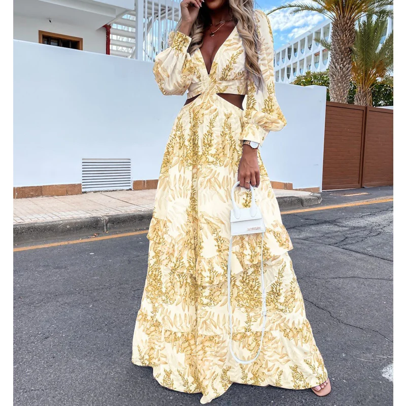 

Sexy Criss-cross Hollow Out Boho Long Dress Women Deep V Neck Ruffle Party Dress 2021 Spring Summer Long Sleeve Maxi Beach Dress