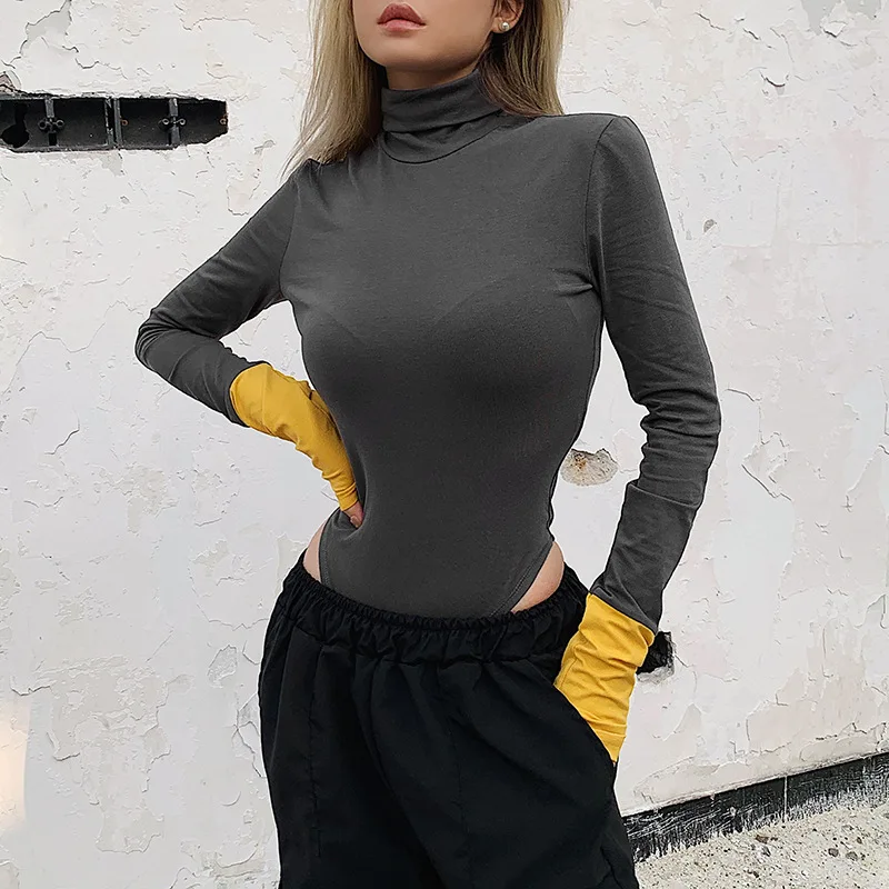 

OMSJ New Body Long Sleeve Top Parchwork Turtleneck Bodysuit Women 2019 Autumn Winter Contrast Color Bodycon One Piece Outfits