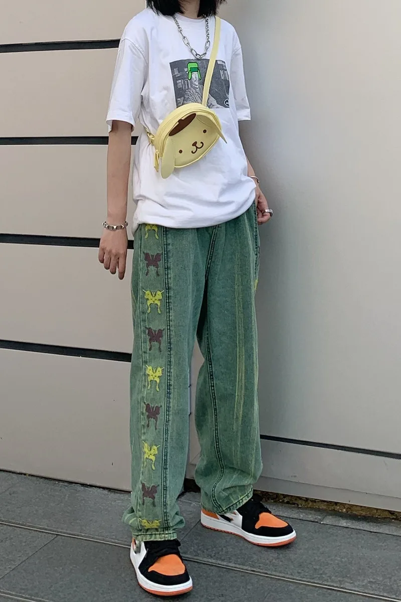 Женские и мужские джинсы Woherb в стиле Харадзюку с вышивкой бабочки шикарная