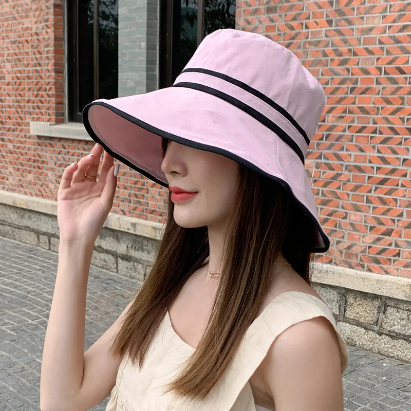 

Women Sun Hat Bucket Cap Summer Beach Wide Brim With Chin Strap Foldable Travel Fashion Outdoor UV Protection Double Sided