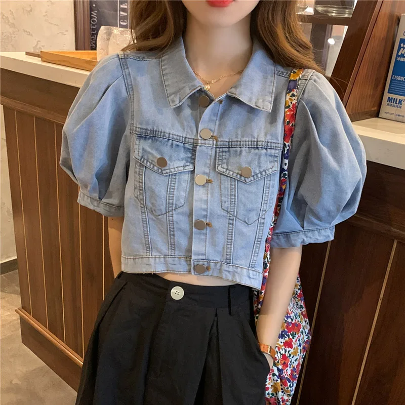 

Vintage Women Puff Sleeve Denim Coats Korean New Fashion Turn-Down Collar Female Jackets 2021 Chic Streetwear Jean Jacket