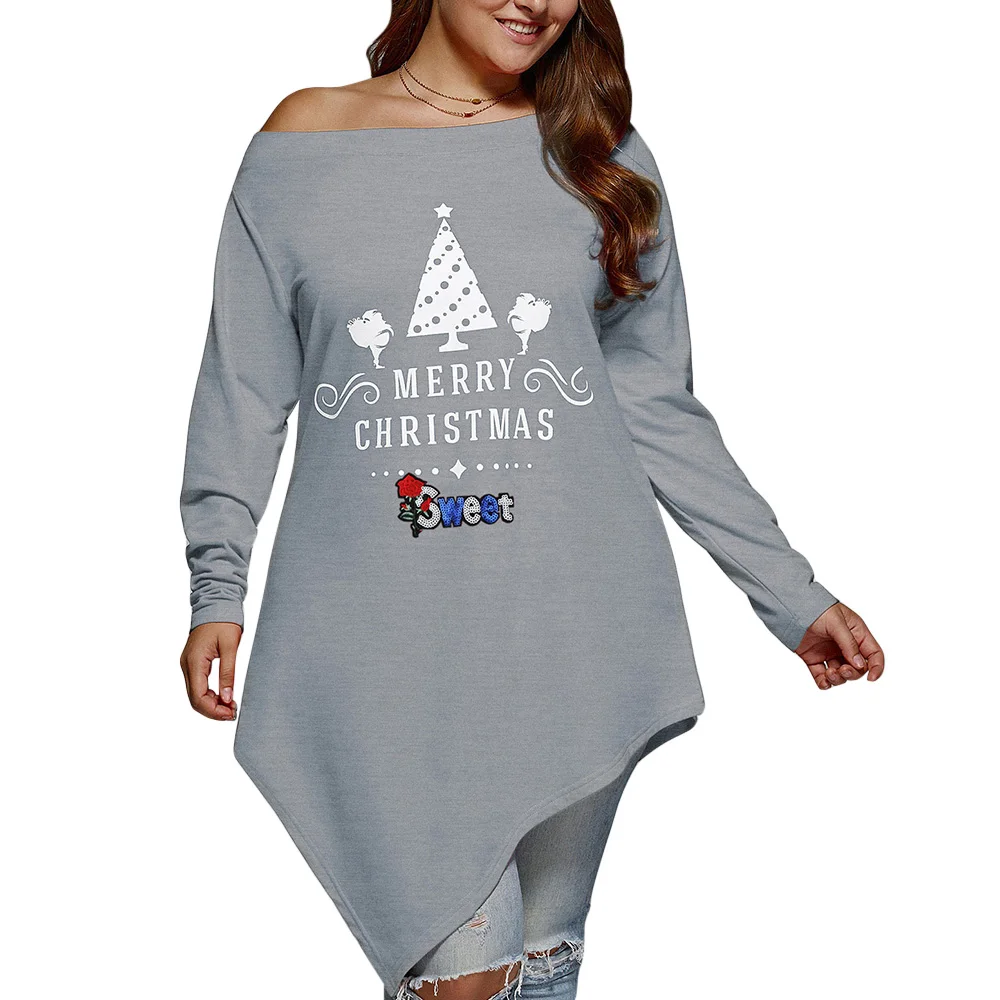 Размера плюс рождественские косым воротником Асимметричная футболка Топы с