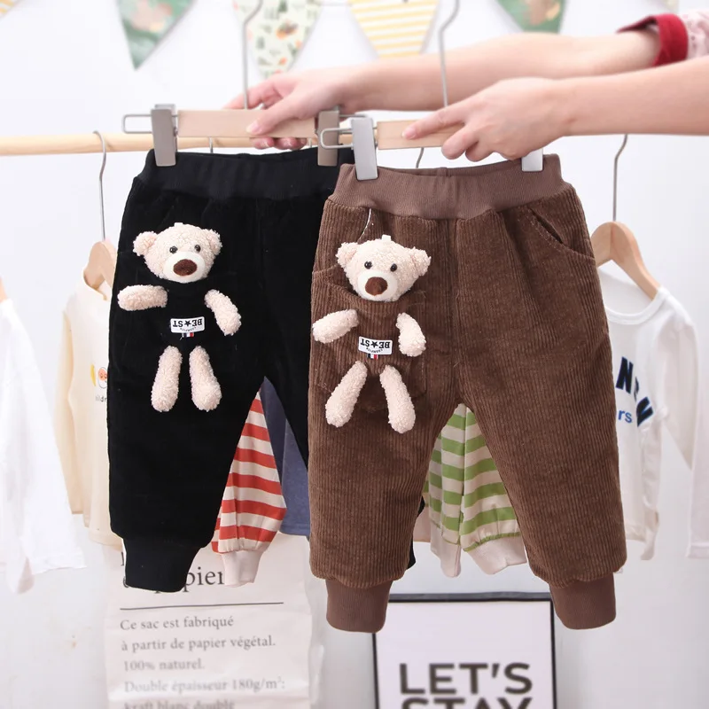 

27kids Spring Winter Kids Boys Casual Bear Velvet Thick Pants Jogging Kids Children Clothing Long Trousers Newborn Toddler Pants