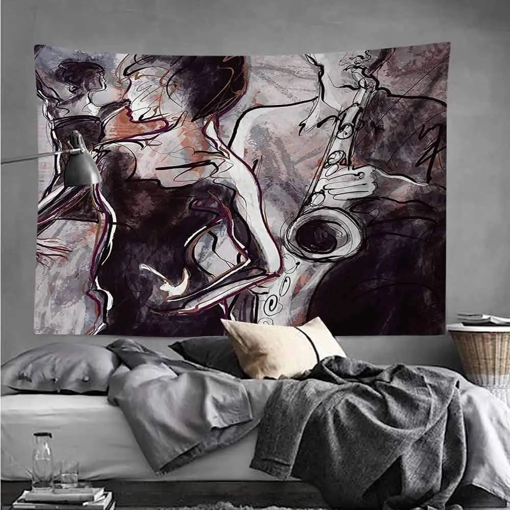 Иллюстрация джазового человека играющего в саксофон с танцорами классический