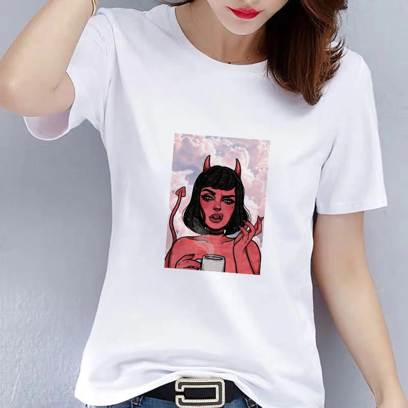 

Hot Sell Summer Woman White T-shirt Funny Printed Short Sleeve Harajuku Casual Style T Shirt Vintage Loose Women's T-shirt CN