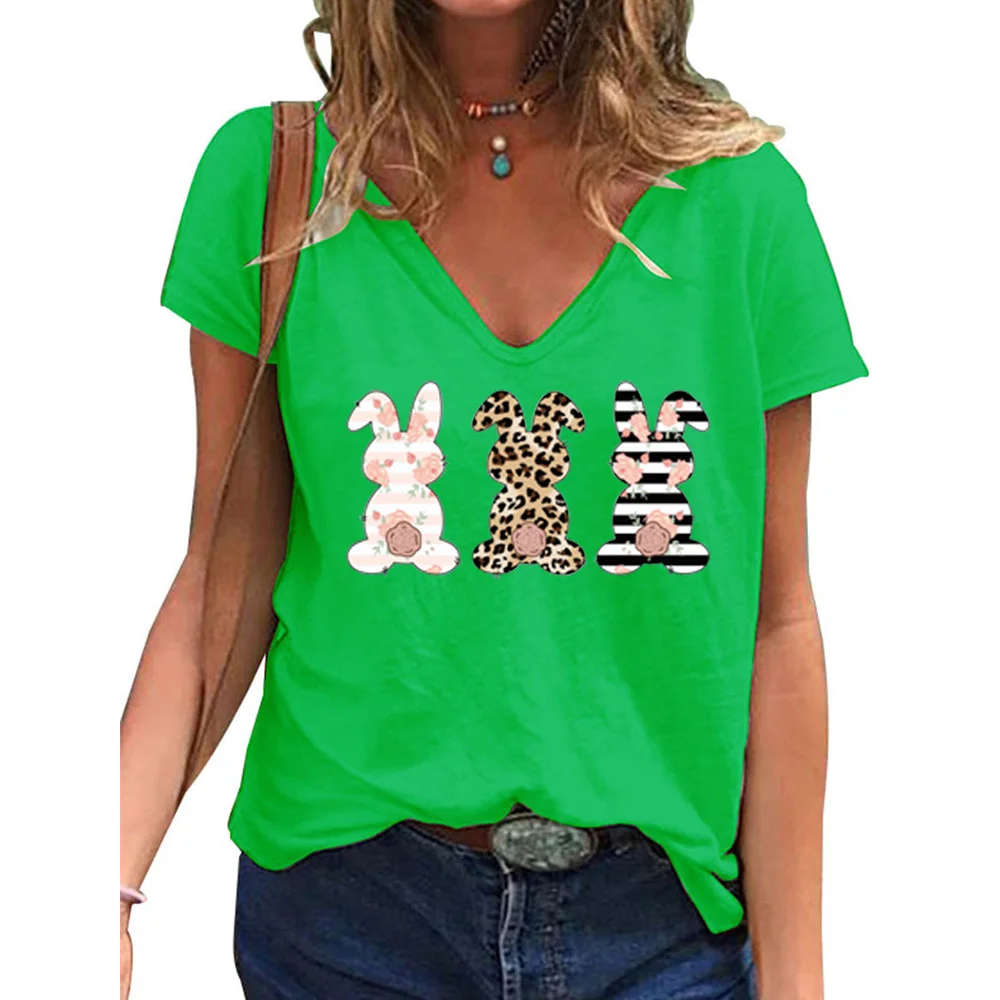 

Women Tops Graphic Tees Easter Rabbit T Shirt V Neck Short Sleeve Ladies Top Casual Loose T Shirt Female Women Clothing