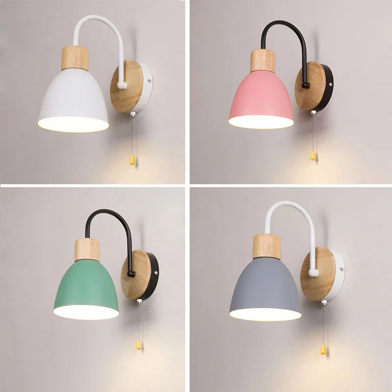 

Nordic Pull Switch Wall Lamps Modern Bedside Sconce For Bedroom Macaroon 6 Color Lampshade Steering Head E27 220v Home Lighting