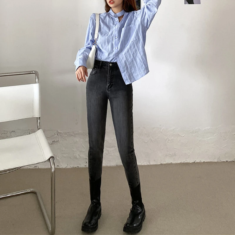 Женские винтажные растягивающиеся джинсы-карандаш с высокой талией 2021 пуговиц