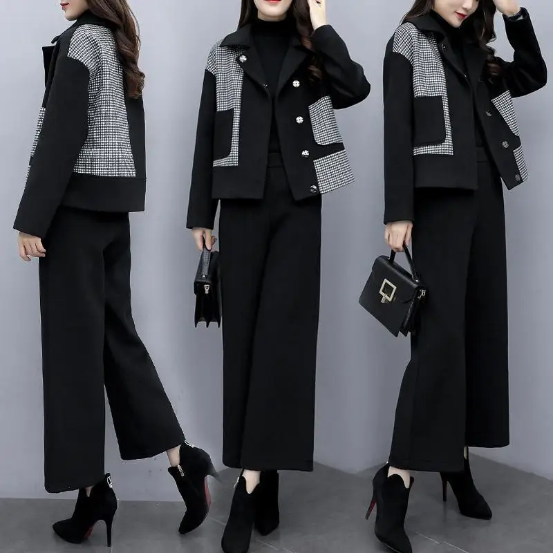 

New Winter Plus Size Women's Stitching Woolen Coat Wide-leg Pants Casual Fashion Two-piece Suit