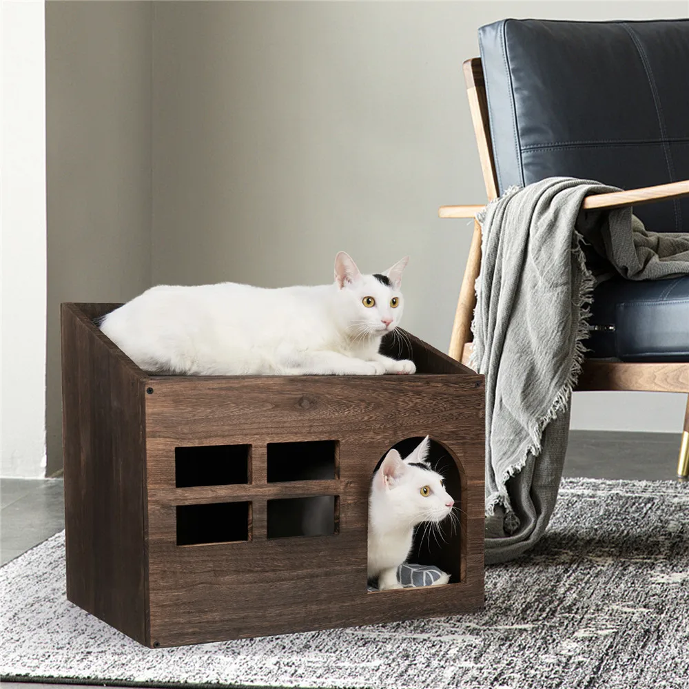 “Durable Wooden Cat Cave Bed with Cushion Pad 1