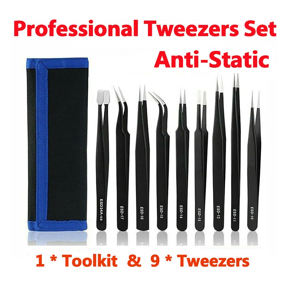 

9Pcs Anti-Static Tweezer Set ESD Stainless Steel Tweezers Maintenance Tools Industrial Precision Curved Straight Tweezers