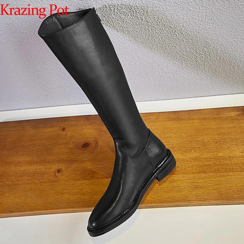 Krazing pot/Уличная обувь из коровьей кожи на толстом среднем каблуке в сдержанном стиле; теплые сапоги с круглым носком в консервативном стиле; l85