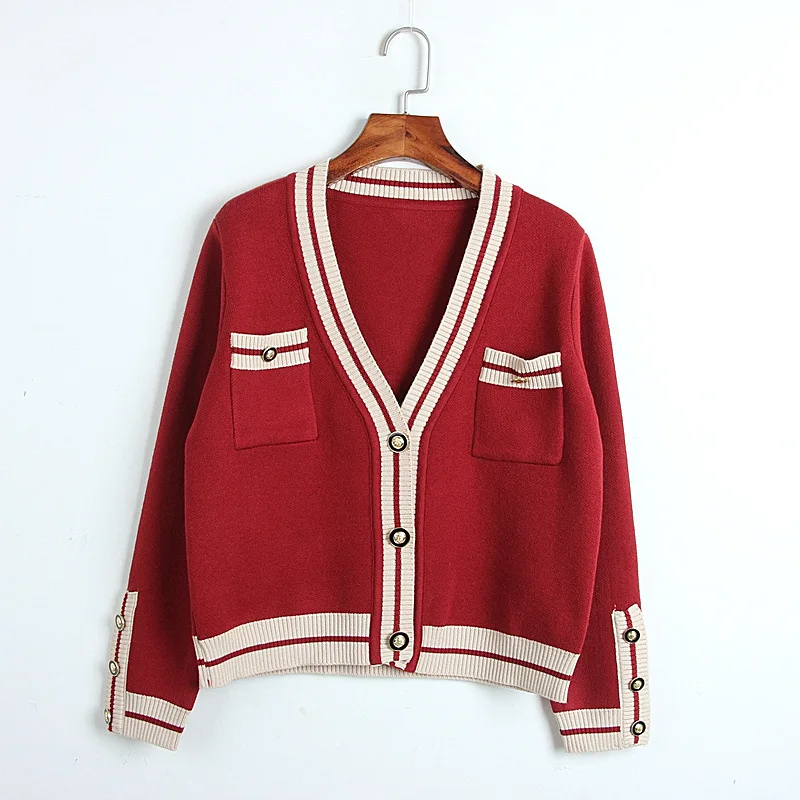 Женский вязаный кардиган красный Свободный с v образным вырезом Повседневная