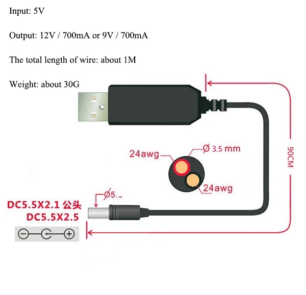 USB повышающий мощность линии DC 5 В к DC 5 в 9 в 12 В Повышающий Модуль USB конвертер Кабель-адаптер 2,1x5,5 мм Штекерный соединитель конвертер