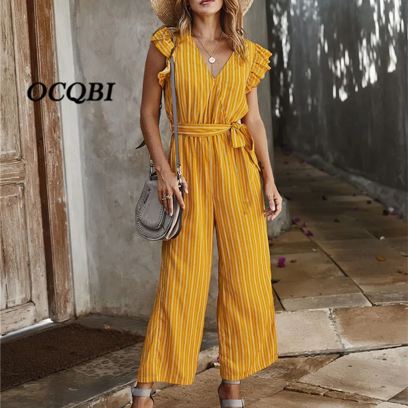 

2020 Women Jumpsuits OL Casual Pockets Sexy Fashion Clothing Korean Striped Jumpsuits Plus Size