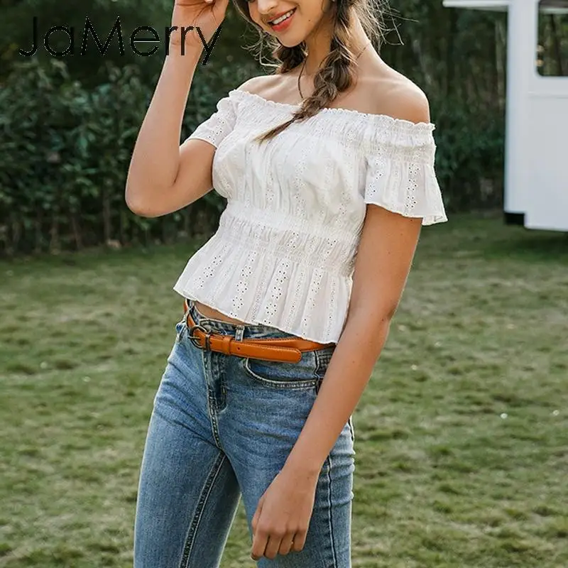 JaMerry элегантная женская блузка с открытыми плечами рубашка оборками эластичная