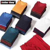 2021 autumn new mens v neck thin wool sweater classic style solid color business casual pullover male brand clothes
