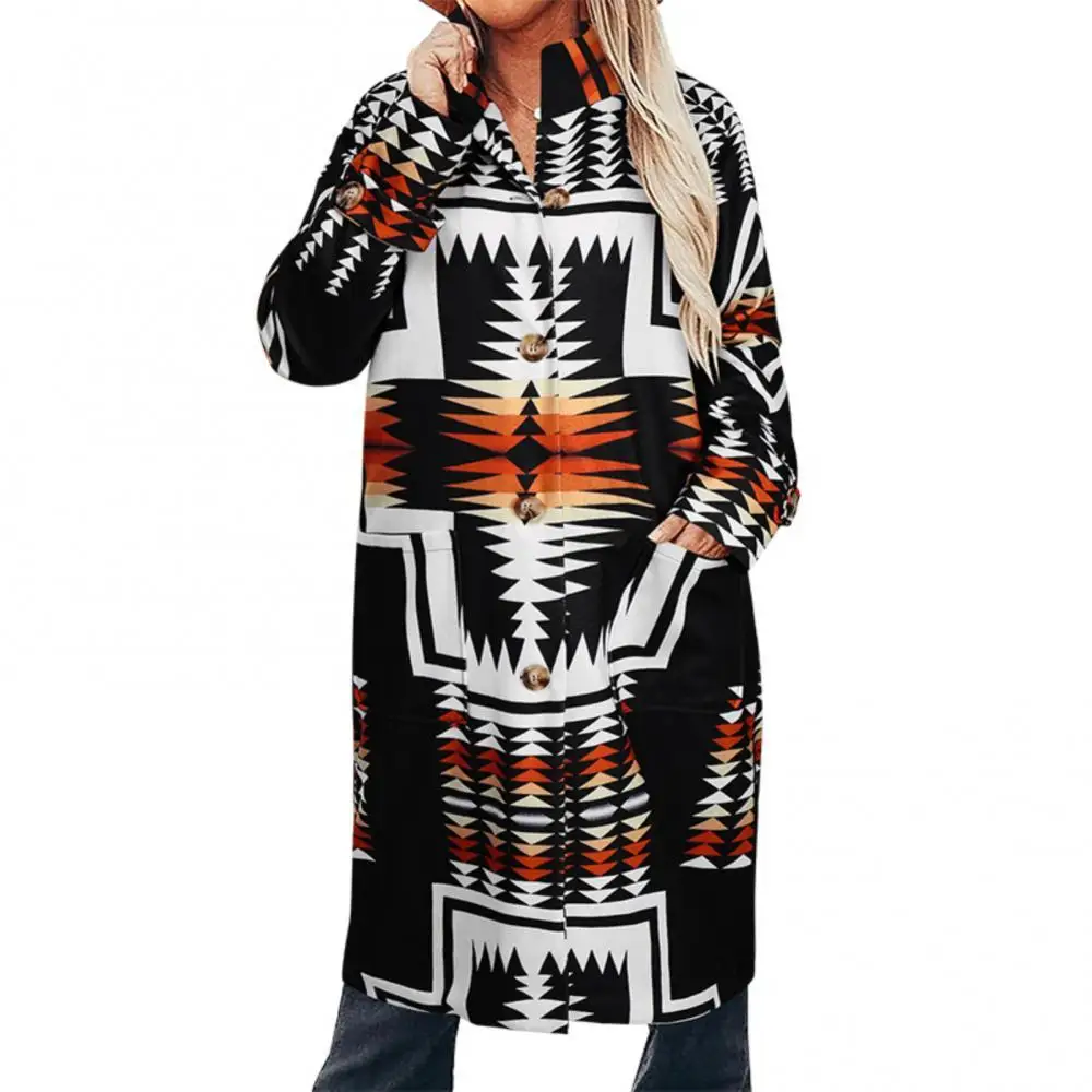 

Indie Folk Women Woolen Coat Pocket Winter Warm Long Sleeve Color Block Retro Floral Print Ladies Button Closure Outerwear