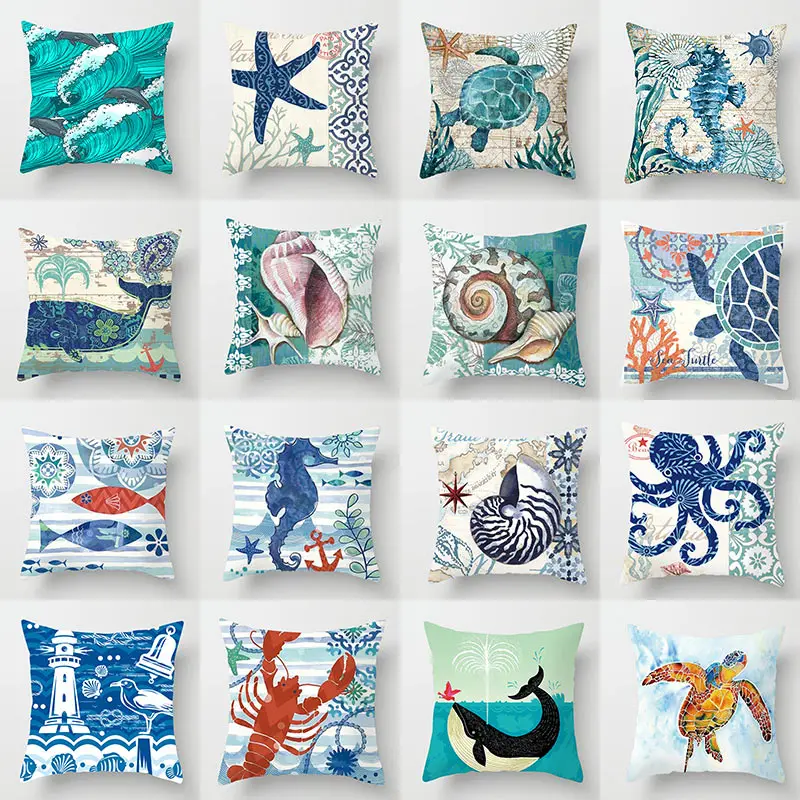 

Pillow Cushion Cover Sea Animals Printed Pillowcases Peach Skin Decorative Throw Pillows Covers For Sofa Decor Home 45*45cm/pc