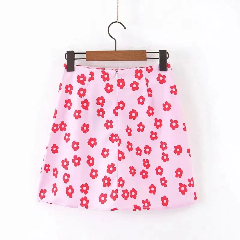 

Chic Fashion High Waist Slim A-line Mini Skirts Women Vintage Floral Print Pink Skirt 2021 Summer Sweet Satin Mujer Faldas