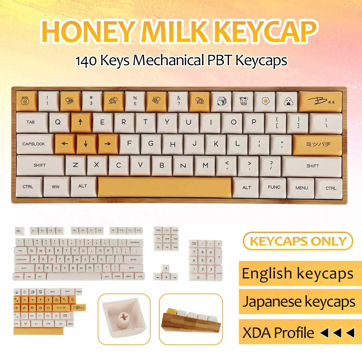 

Keycaps 140key PBT Keycap DYE-SUB XDA Profile Milk White Honey Japanese or English Mechanical Keyboard Keycap For Gamer Keyboard