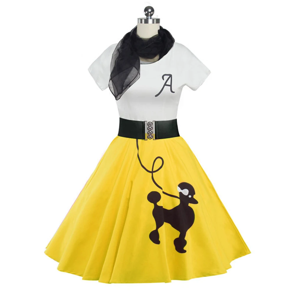 Kenancy 5 Colors Dog Print With Scarves Women Vintage Dress O-Neck Short Sleeve Swing Vestidos 50s Robe Female Casual | Женская одежда
