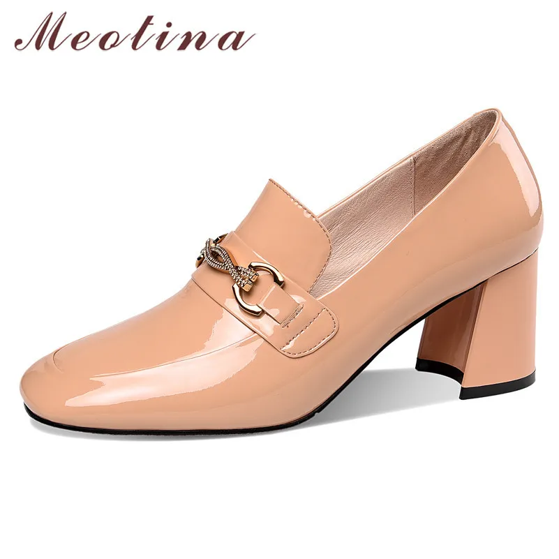 

Meotina Crystal Genuine Leather High Heel Pumps Women Block Heels Slip On Shoes Female Square Toe Fashion Footwear Green Size 41