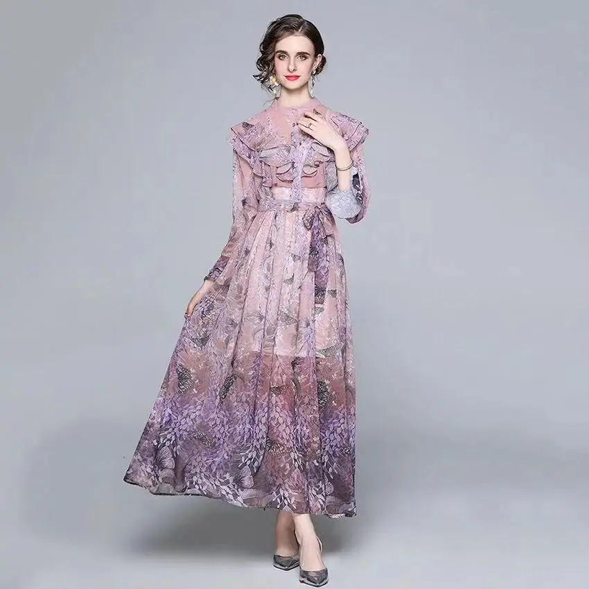 

JSXDHK Fashion Runway Spring Flower Boho Dress Elegant Women Ruffles Purple Chiffon Floral Print Lace Up Belt Holiday Long Dress