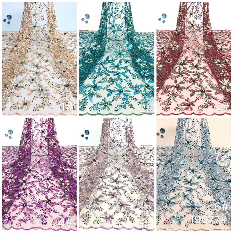 

French Lace Fabric African Embroidered Tulle Lace Fabric With Sequins Nigerian Lace Fabric For Wedding Party Dress XBN165
