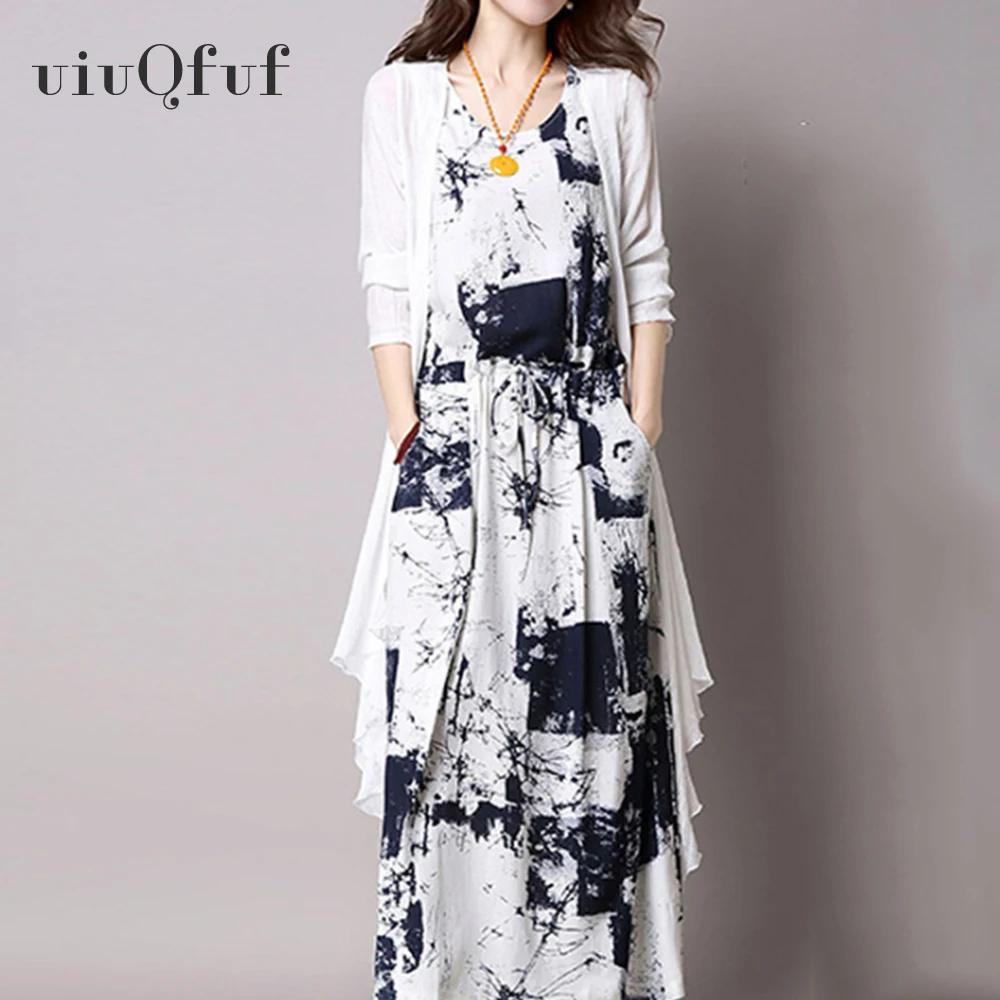 Женское винтажное платье макси комплект из 2 предметов Повседневное миди хлопка