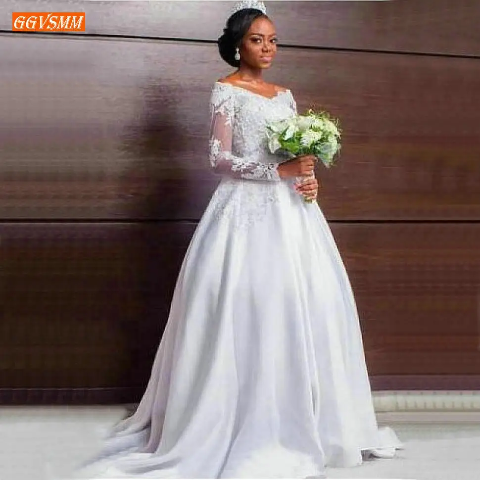 

Великолепное белое свадебное платье Бохо в африканском стиле с длинными рукавами, кружевное свадебное платье с аппликацией и открытыми пле...