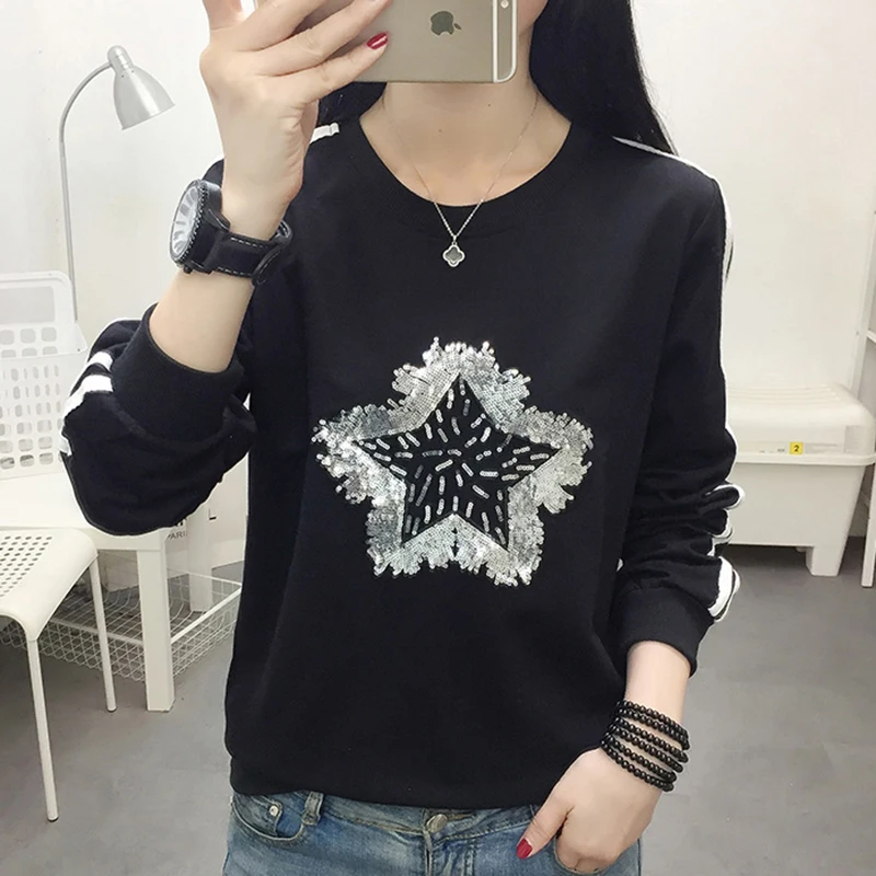 

shintimes Tee Shirt Plus Size Fashion Sequins T-Shirt Women 2020 Winter Loose T-Shirt Casual Long Sleeve Womens Clothes Camiseta