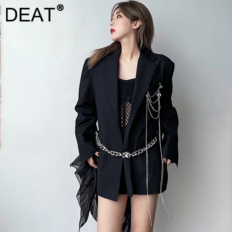 

DEAT 2021 Autumn New Fashion Solid Color Loose Korean Chain Waist Closing Long Sleeve Black Single Breasted Blazer 7I1613