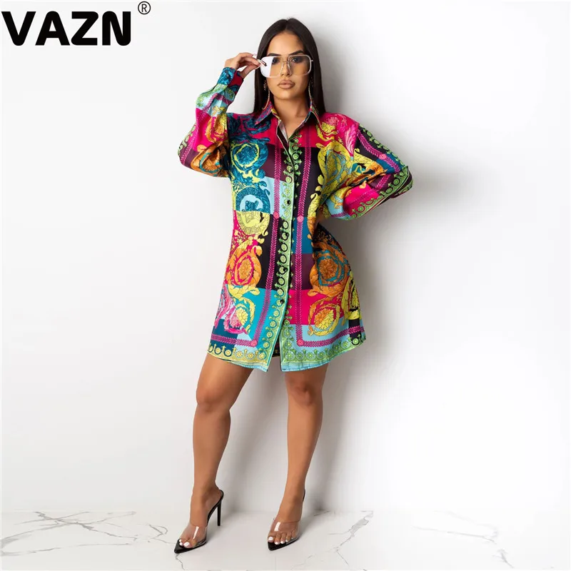 VAZN New Design Colorful Street Style Sexy Shirt Dress 2019 V-neck Long sleeve dress Loose Lady Party Club | Женская одежда