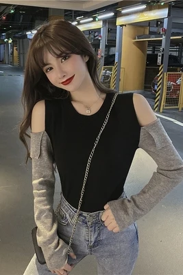 

Autumn Off Shoulder Sweater Women Sexy Patchwork Knit Pullovers Fake Two Knitwear