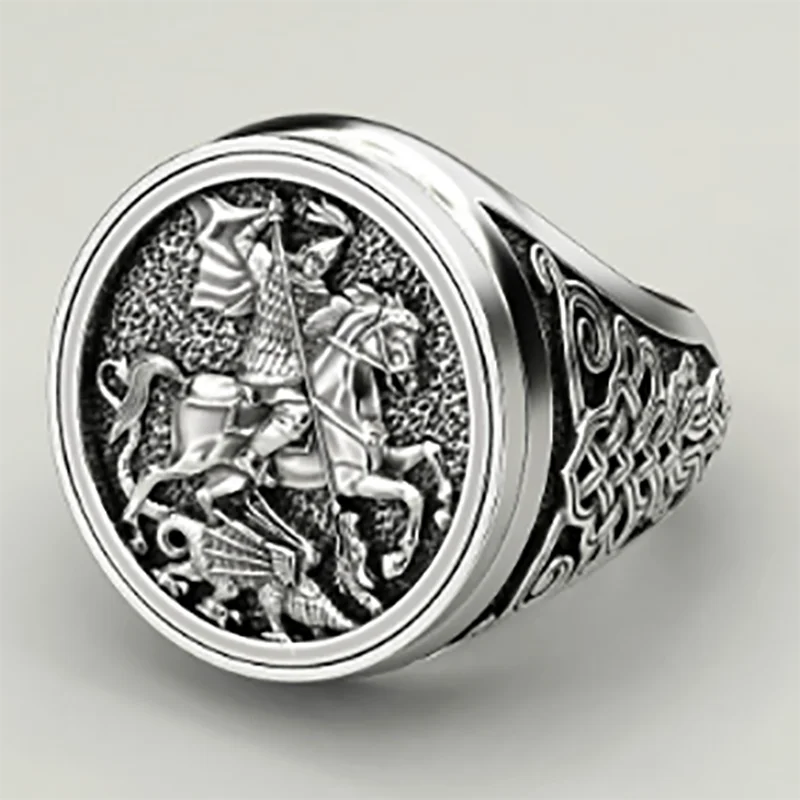 

Punkboy Unique Men's Domineering Knight Horse Dragon Craved Geometric Pattern Metal Ring for Party Jewelry Size 6-13