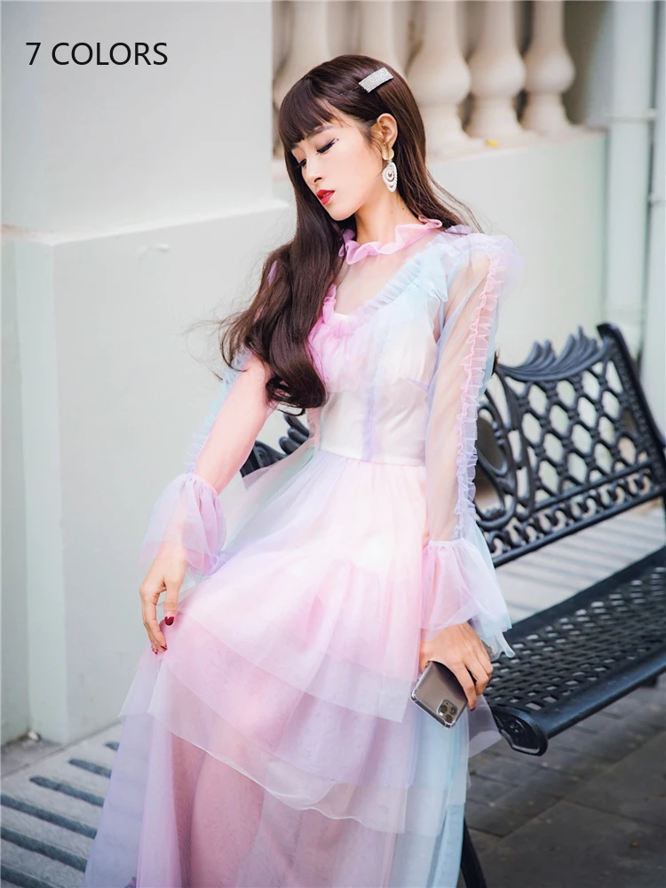 Платье с радужным градиентом весна-лето 2020 сексуальное прозрачное Сетчатое