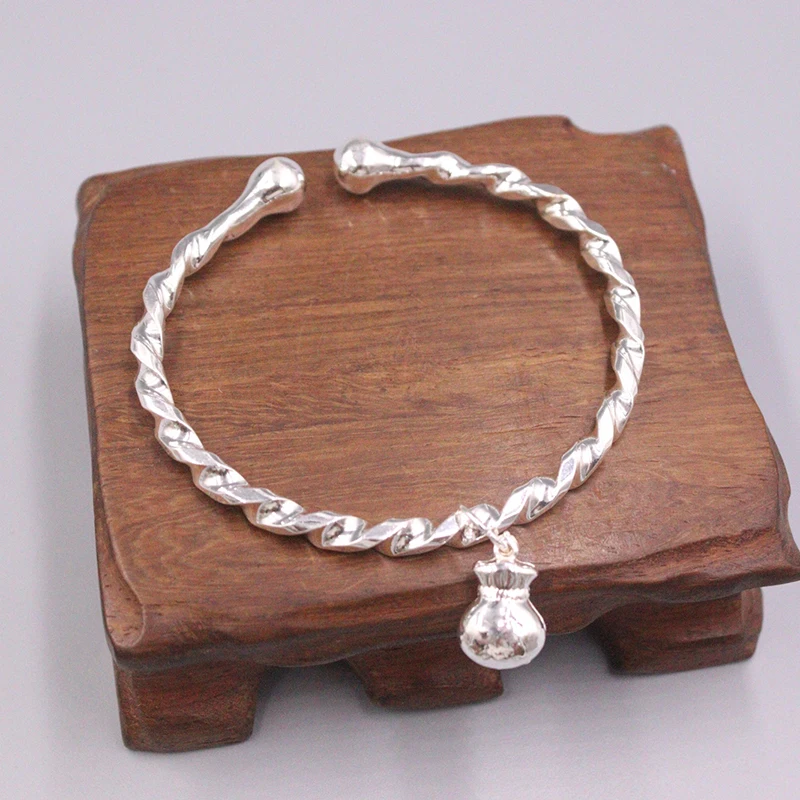 

S999 Fine Silver Bangle Women Luck Wealth Bag Stripe Bangle Adjustable 56-60mm 5mmW 21.96g